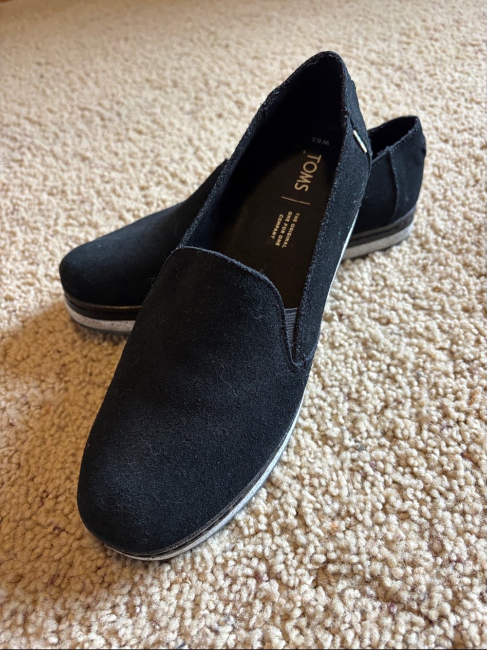 Toms Black Suede Slip-On Loafers with White Trim
